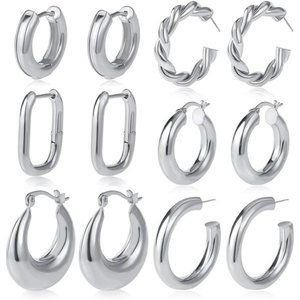 6 Pairs Chunky Gold Hoop Earrings Set for Women 14K Gold Plated Hypoallergenic